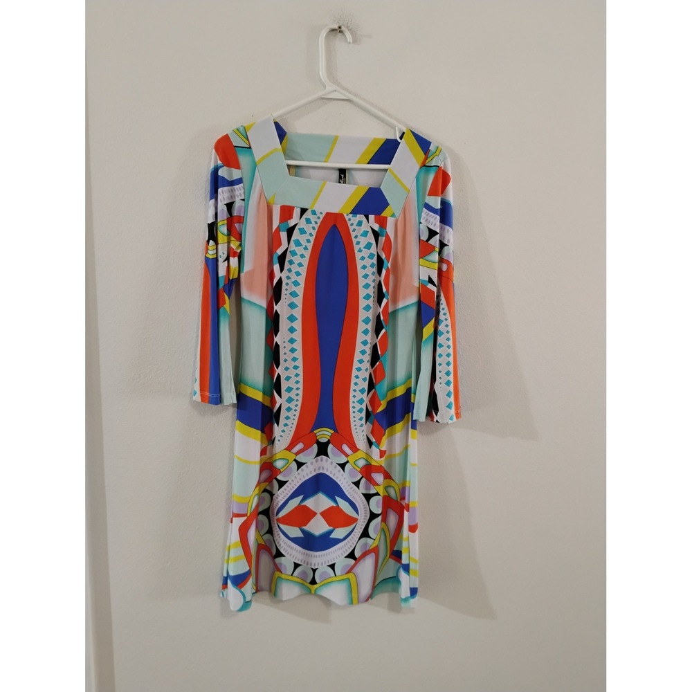 White Mark Couture Collection Geometric Print Square Neck Sheath Dress Medium